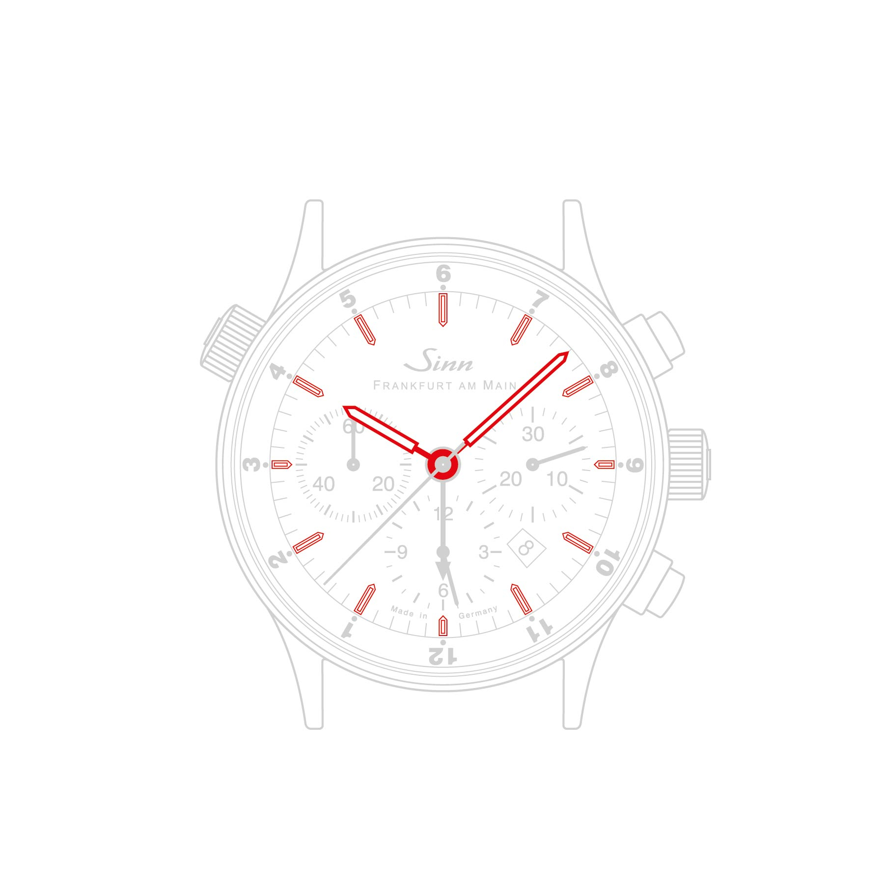 Graphical rendering of a Sinn watch with red-highlighted hour and minute hands showing the first time zone, example time 10:08