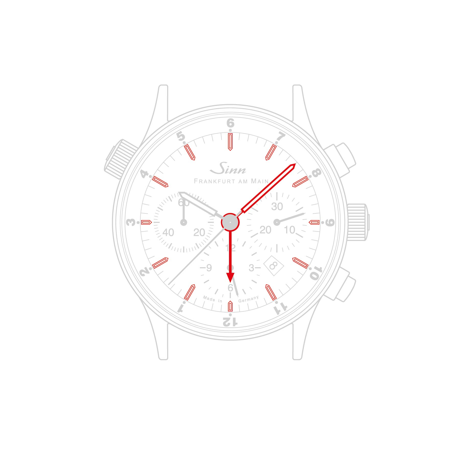 Graphical rendering of a Sinn watch with red-highlighted second time zone, example time 18:08