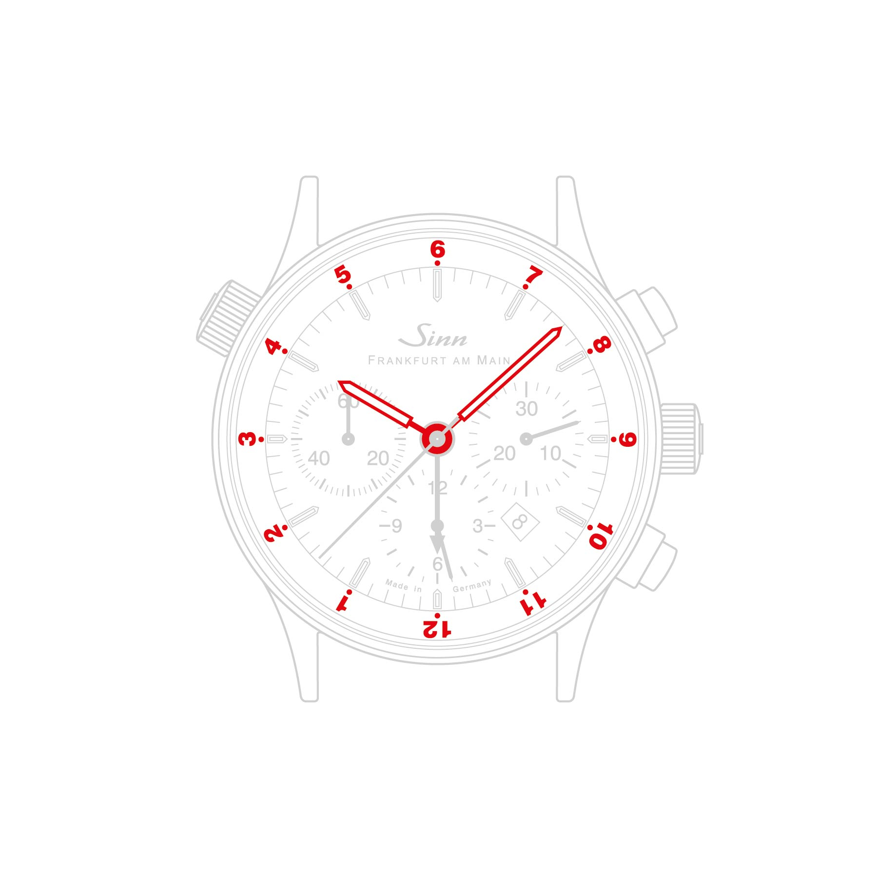 Graphical rendering of a Sinn watch with red-highlighted third time zone, example time 4:08
