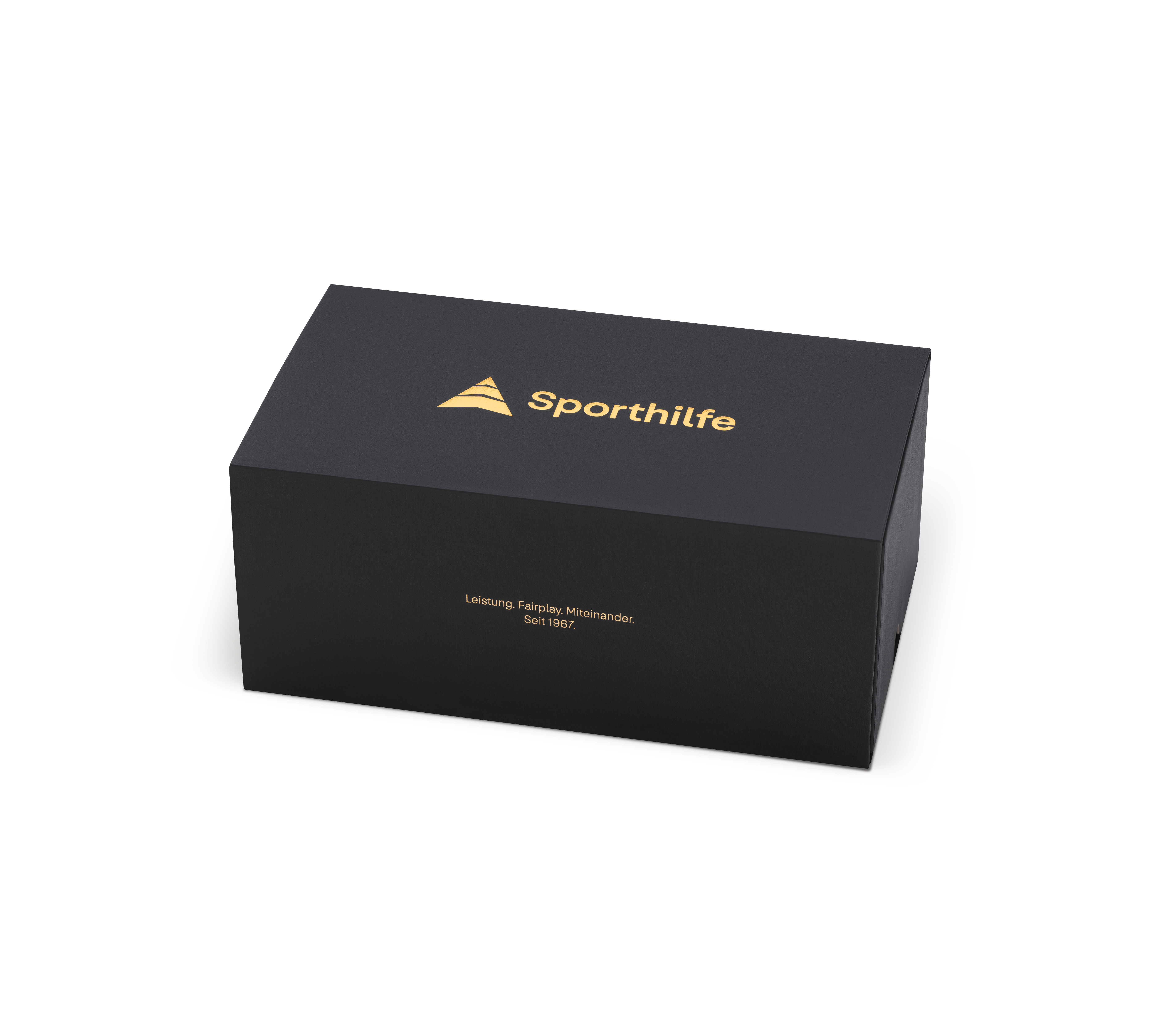                       Black double presentation box with gold-colored Sporthilfe logo and printed motto on the front.
                  