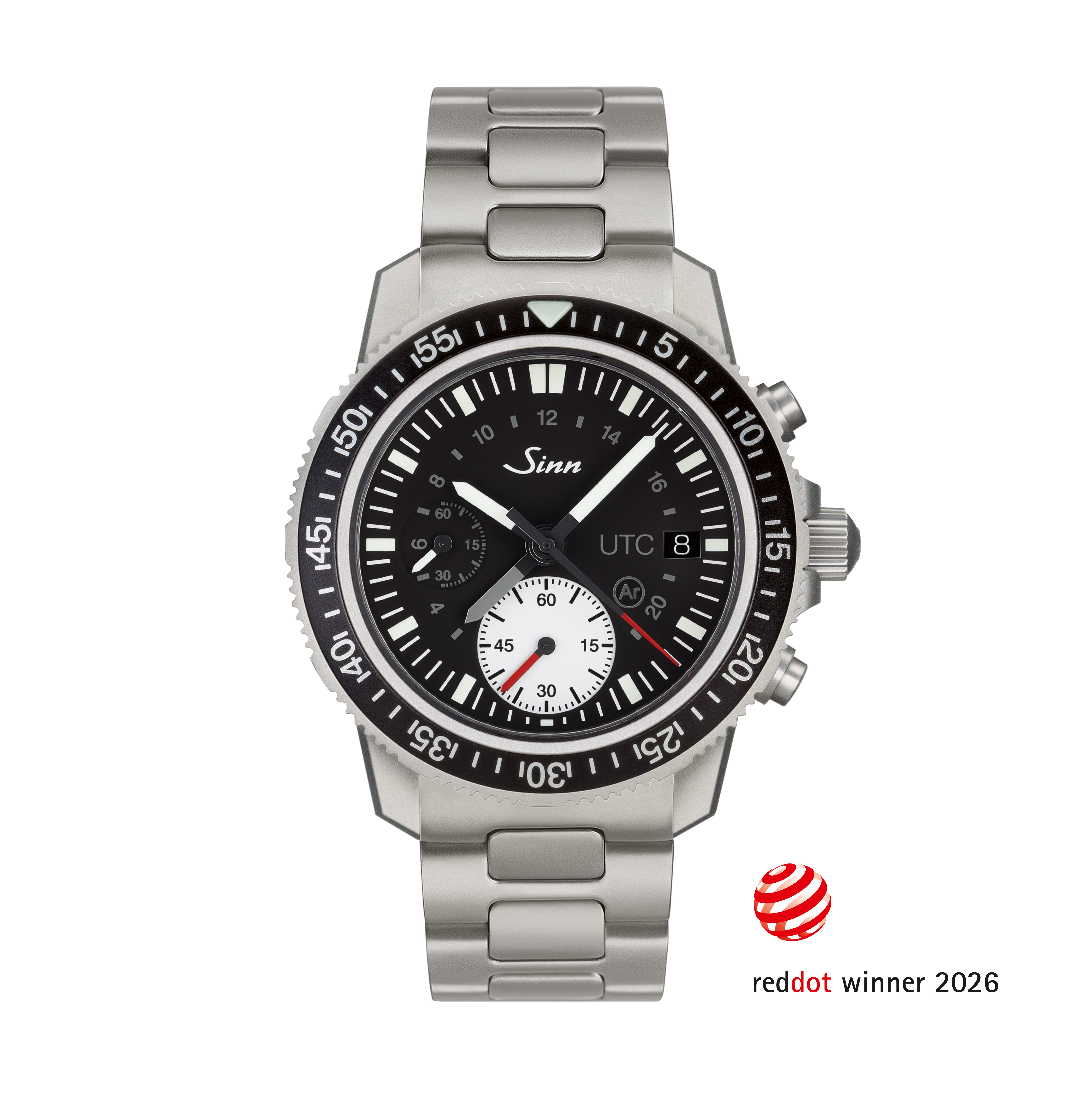Sinn 613 St UTC stainless steel chronograph with black dial, white minute counter and rotating diver bezel on a stainless steel bracelet. Winner of the Red Dot Design Award 2026.