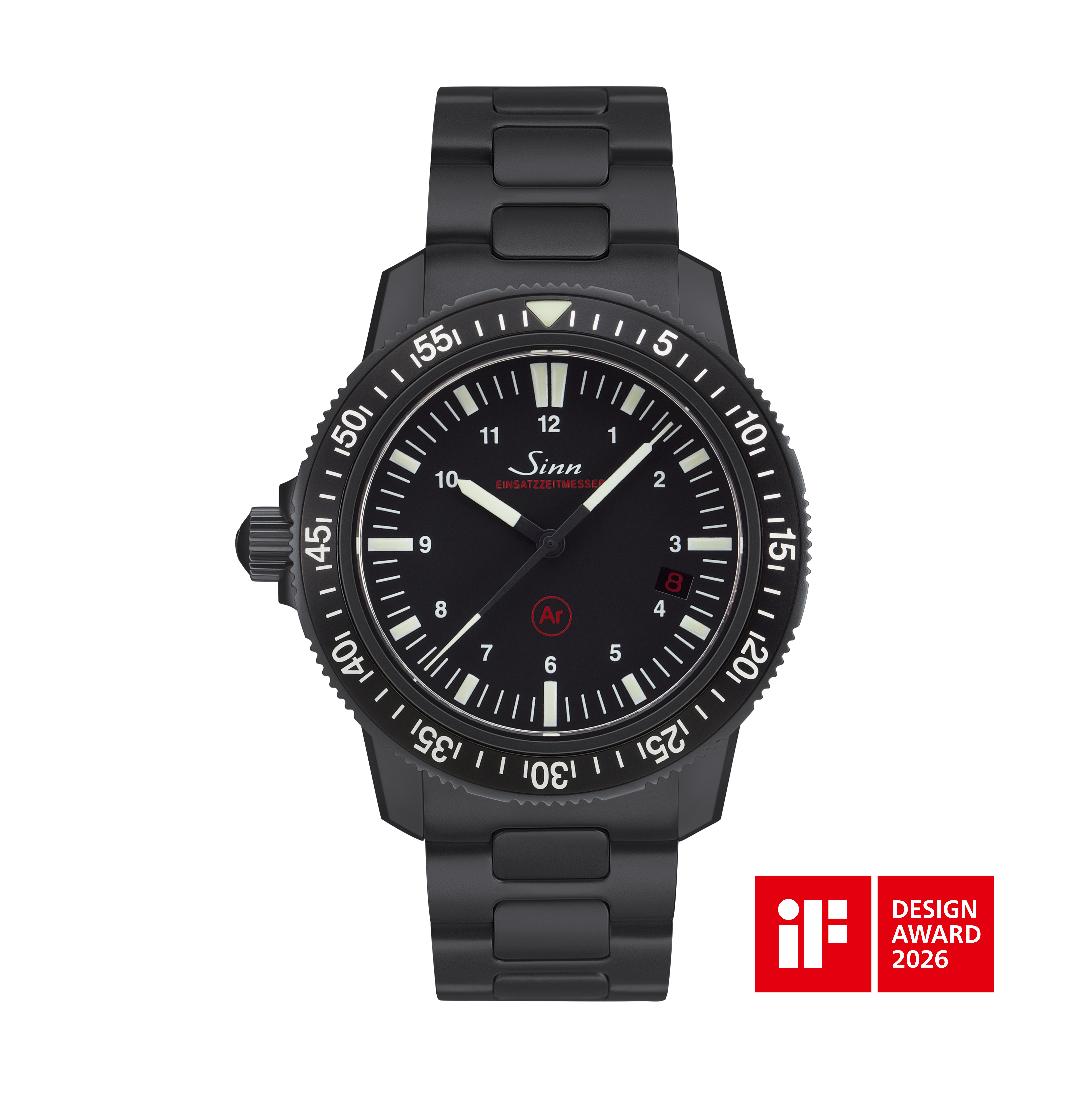 Black SINN EZM 3 S watch with left-side crown, black dial and metal bracelet, awarded the iF Design Award 2026