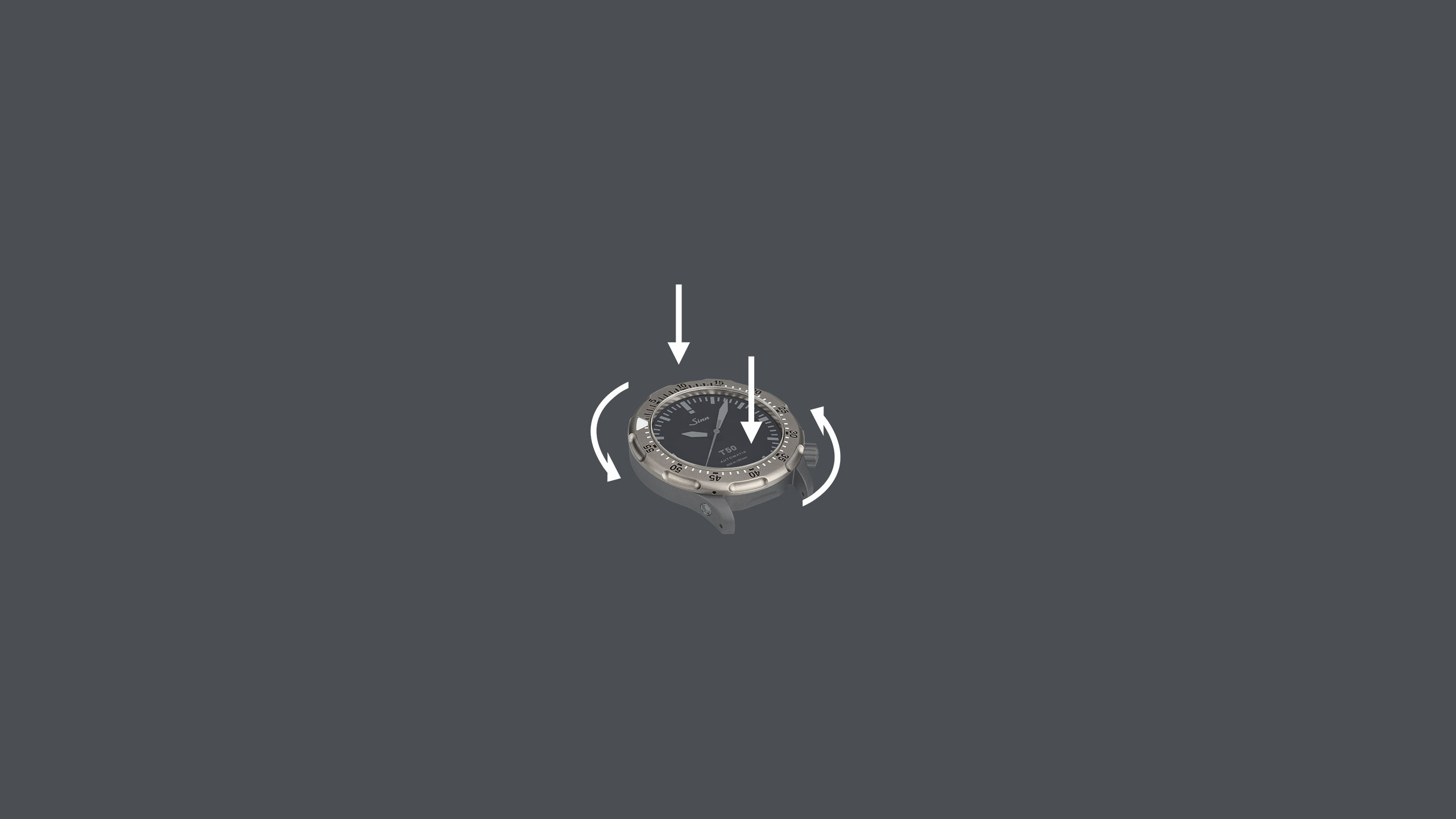 Graphic showing the Captive Safety Bezel of a watch. White-marked arrows indicate safe pressing and controlled, one-directional rotation of the bezel.