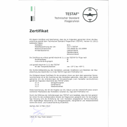TESTAF-Zertifikat für Fliegeruhren von Sinn mit technischen Spezifikationen.