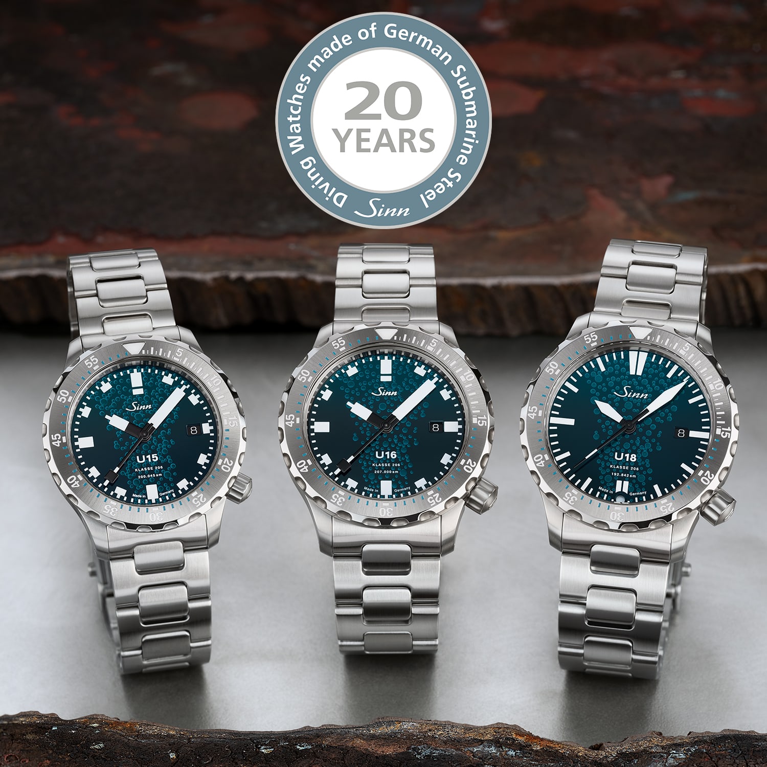 Three Sinn diving watches – models U15, U16 and U18 – lined up side by side.