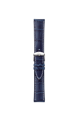 Blue cowhide leather strap with alligator leather embossing – Front view with strap