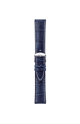 Blue cowhide leather strap with alligator leather embossing – Front view with strap